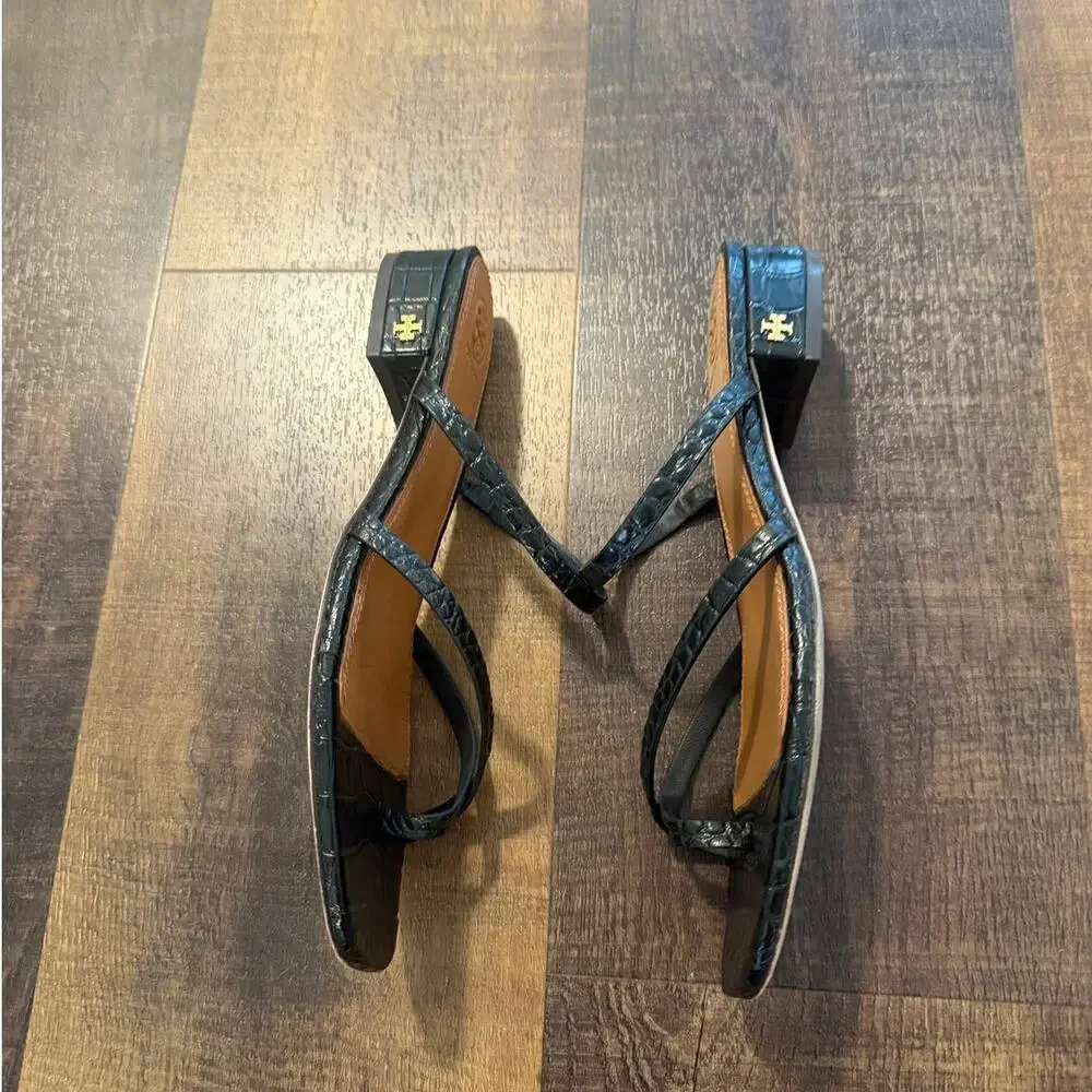 Tory Burch Croc Embossed Slide Sandals Black Leather Size 8M